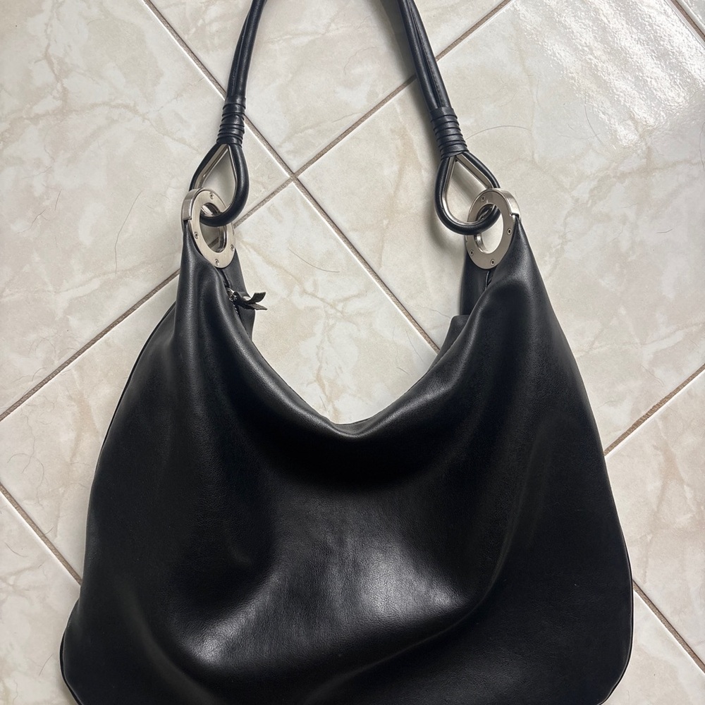 Nine West Black Leather Shoulder Hobo with Silver Rings